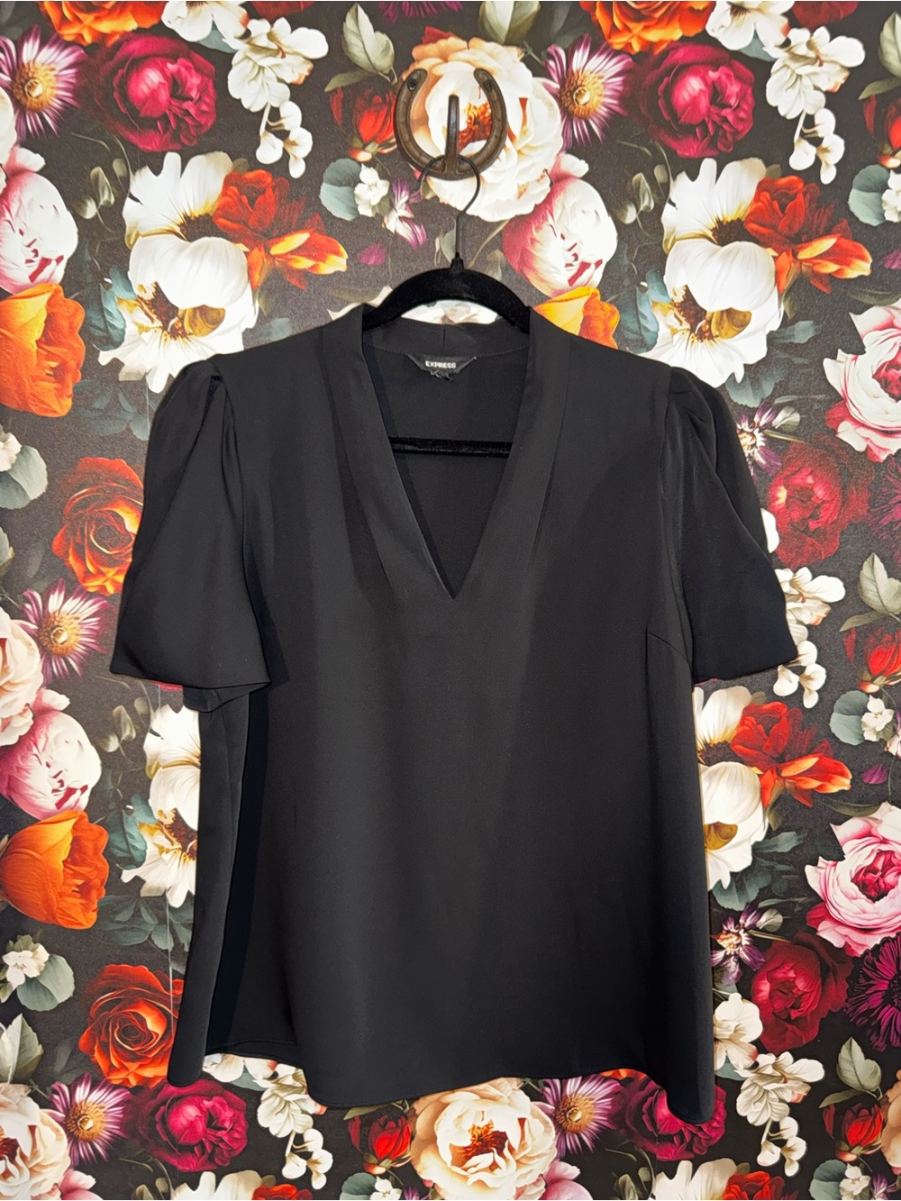 Express Black V-Neck Puff Sleeve Blouse, Medium